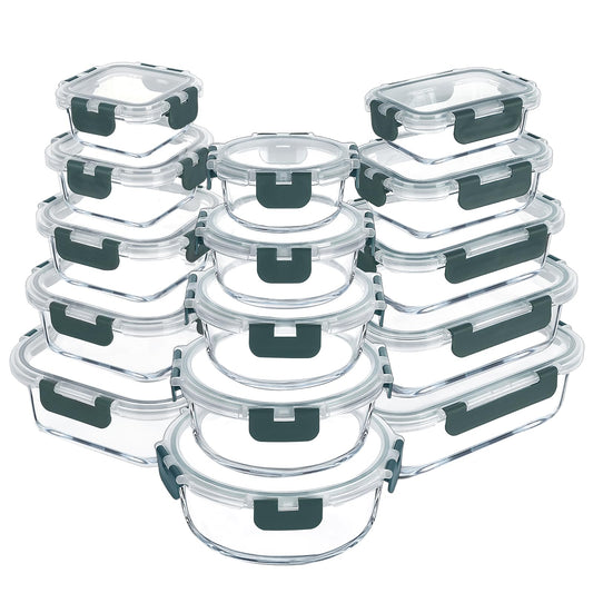 30 Pieces Glass Meal Prep Containers Set, Airtight Glass Lunch Containers, Stackable Glass Food Storage Containers with Lids, for Microwave, Oven, Freezer & Dishwasher Friendly,Gray