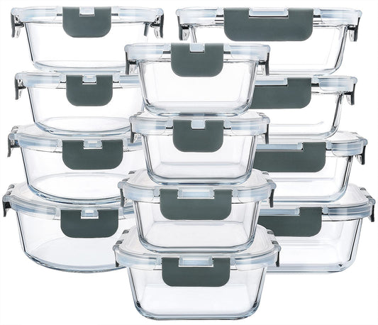 24-Piece Glass Food Storage Containers with Upgraded Snap Locking Lids,Glass Meal Prep Containers Set - Airtight Lunch Containers, Microwave, Oven, Freezer and Dishwasher